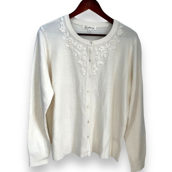 Tradition Sweaters - Traditions long sleeve button up cream color cardigan with front detail size L